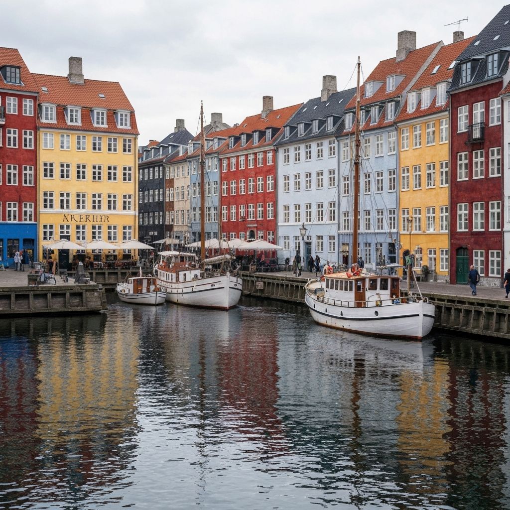 The coloured townhouses and moored boats of Nyhavn, Copenhagen