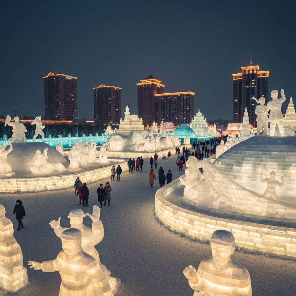 Illuminated ice sculptures at the Harbin winter festival