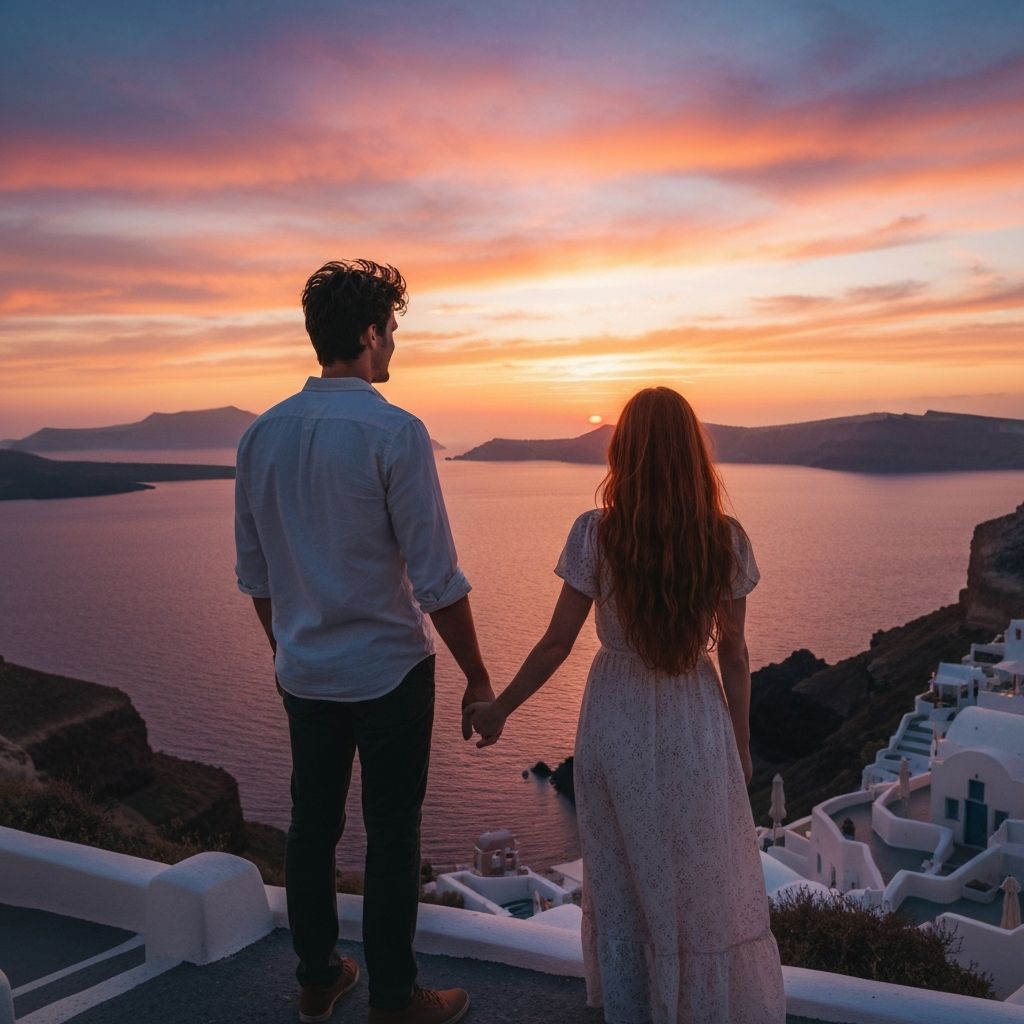 A couple watching the sun set over Santorini