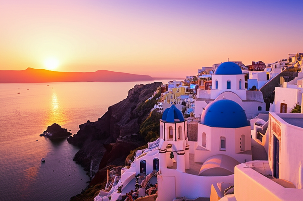 Whitewashed Santorini rooftops above the caldera at sunset